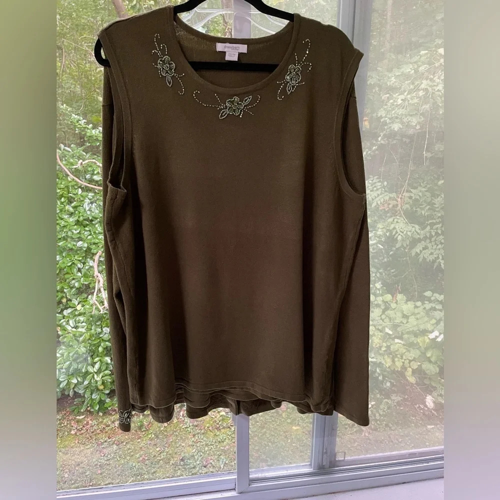 2pc Dress Barn Moss green sweater set. Embellished front & sleeve, button down. - Picture 4 of 7